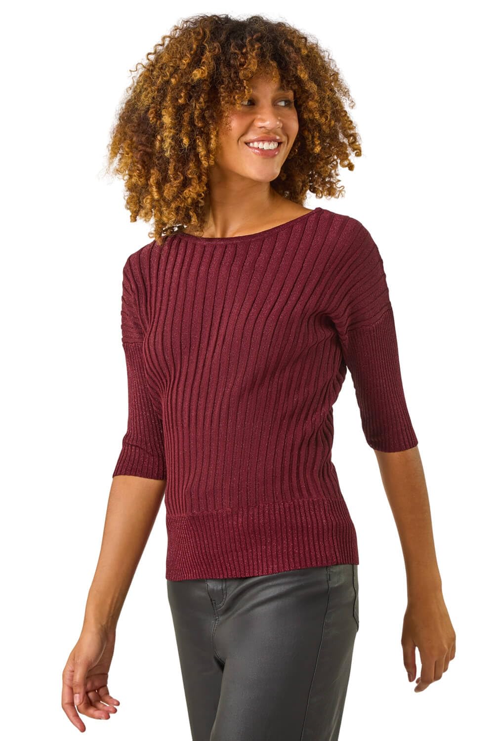 Roman Women's Wine Sparkly Ribbed Batwing Knit Jumper In | Size: 20