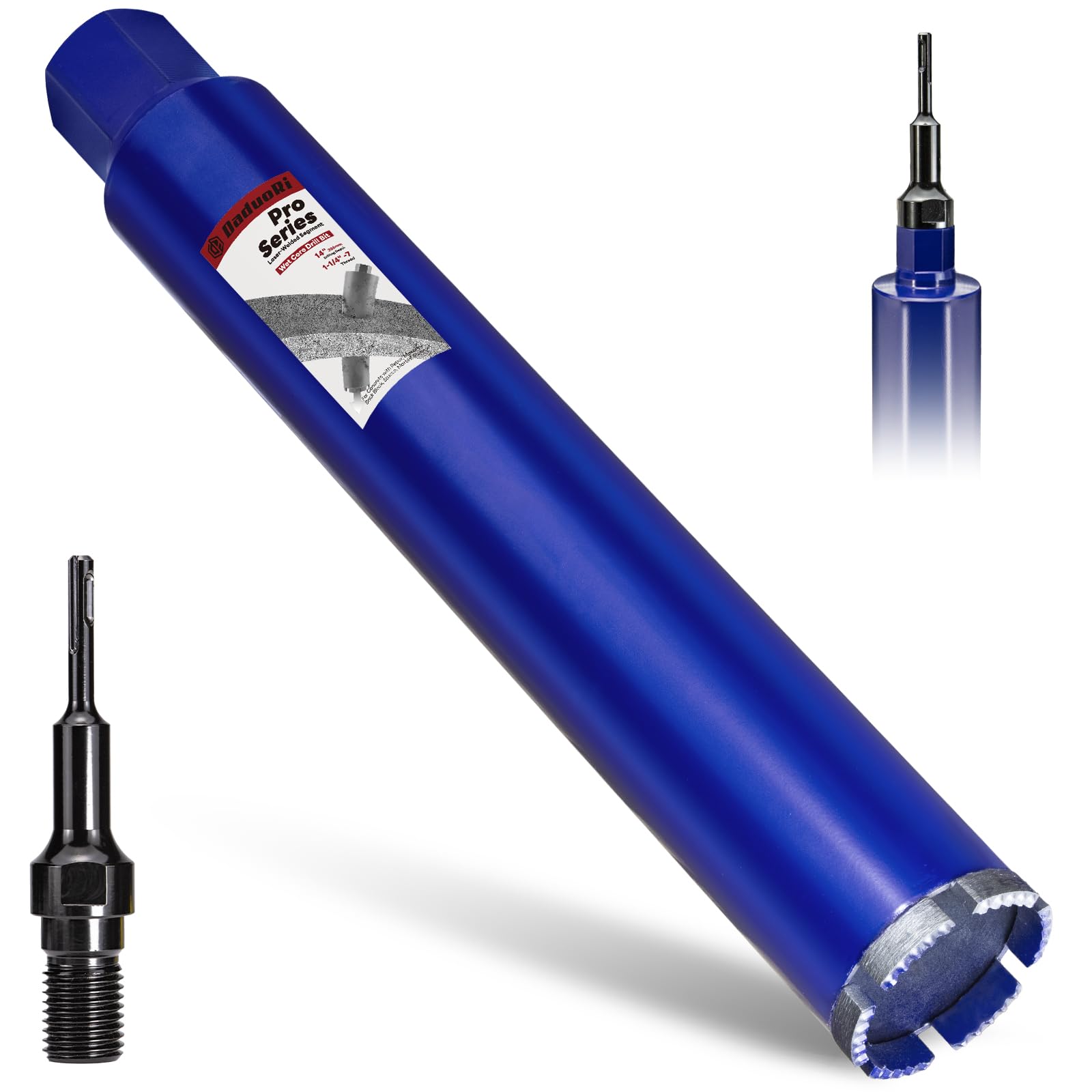 Broca de núcleo de hormigón profesional de 2-1/2 pulgadas con adaptador SDS Plus (rosca de 1-1/4 a 7), profundidad de corte de 14 pulgadas y brocas de núcleo de dientes soldados mejoradas para