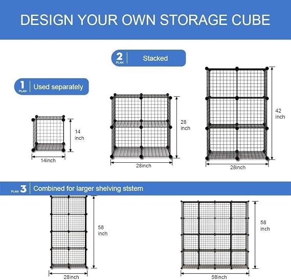 KOUSI 14x14 Wire Cube Storage, Metal Grid Organizer, 16-Cube Modular Shelving Unit, Stackable Bookcase, Ideal for Living Room, Bedroom, Office, Garage