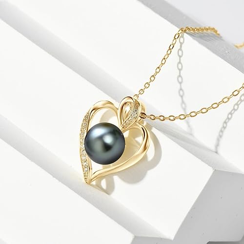 Miniatura 3 de Collar de corazón de perlas negras de Tahití para mujer, collar con colgante de perlas de plata esterlina con moissanita de color D, regalo para