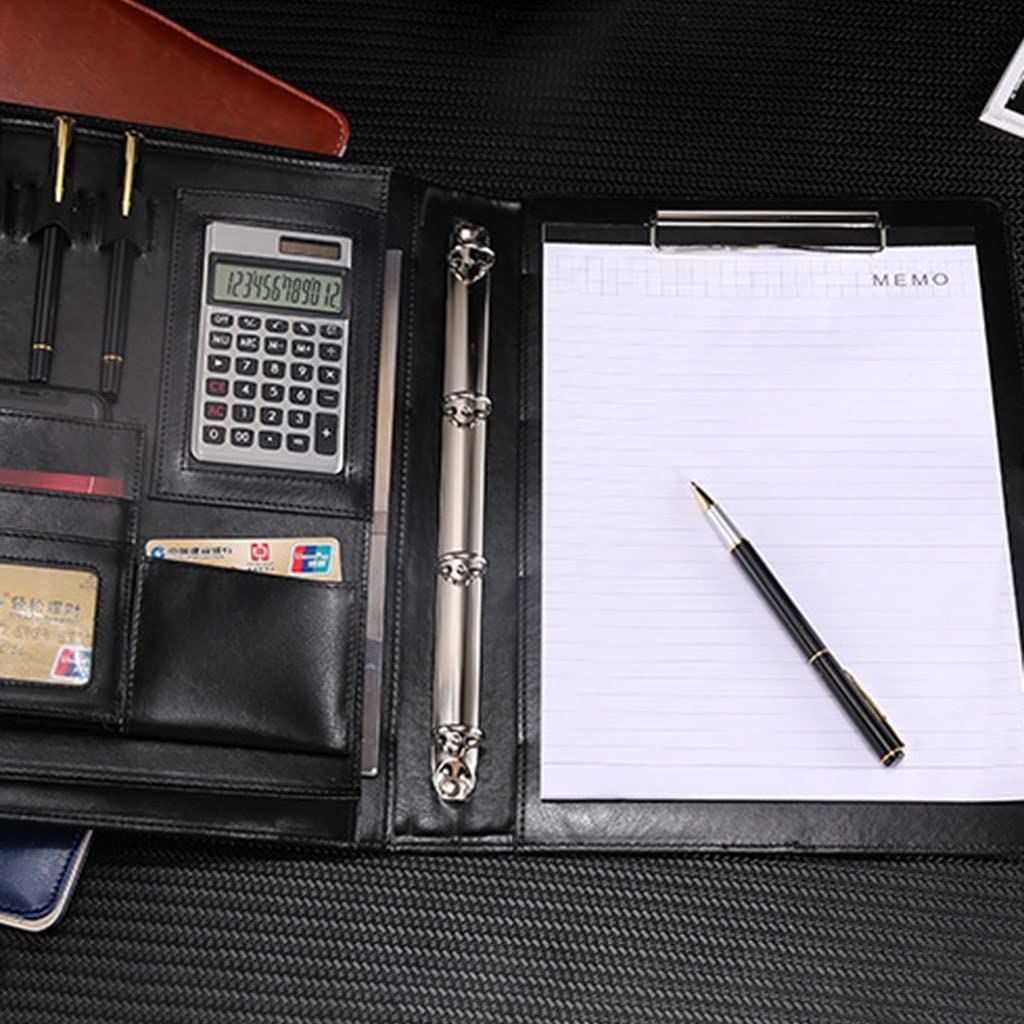 Porte Documents A4 Conférencier, Classeur en Cuir PU avec 4 Anneaux Padfolio Business Folder Élégant Interview Portfolio Cover Case pour Organisateur Bureau Voyage École