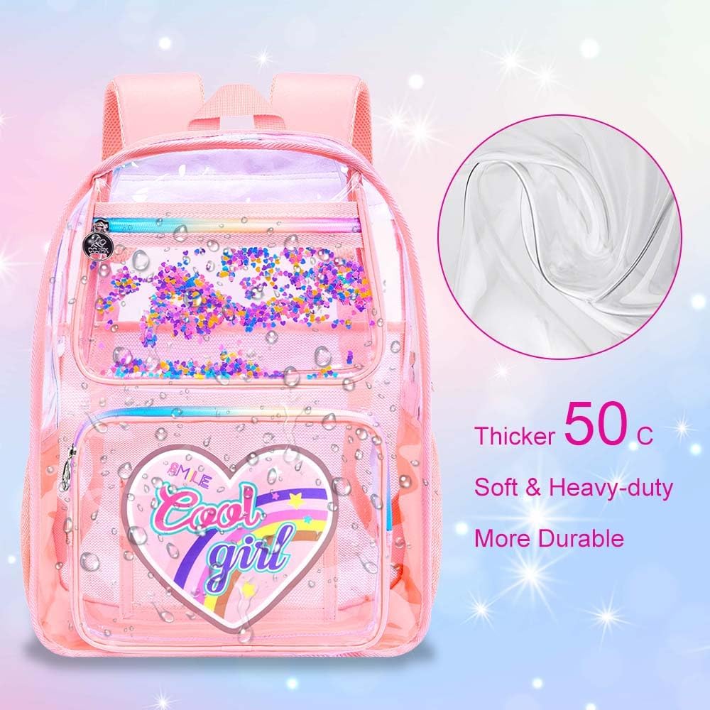 3PCS Clear Backpack Heavy Duty, Cute Sequins Transparent Bookbag with Handbag for Girls, Womens Pink See Through School Bag - Image 3