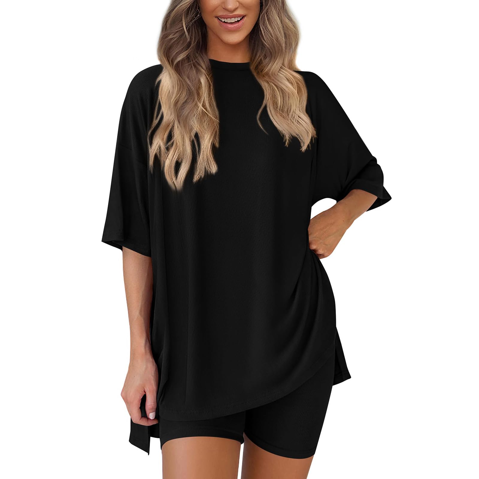 Two Piece Sets for Women Summer Oversized 3/4 Sleeve Crewneck Set Slit T Shirts Outfits Biker Shorts Matching Set
