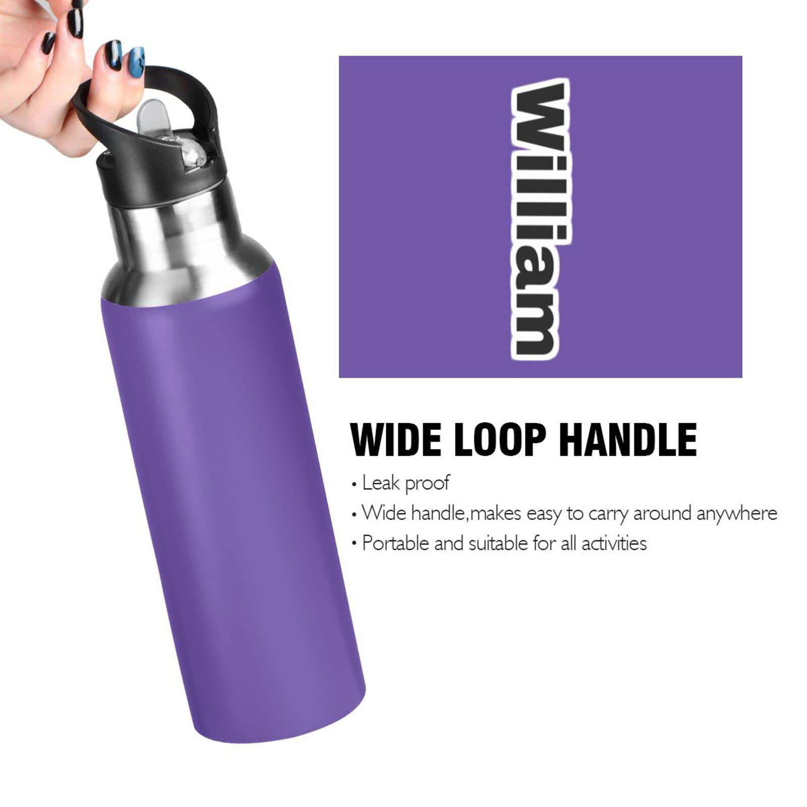 Isolierflasche mit Griff, 900 ml, Dunkelviolett, auslaufsicher, mit Strohhalm-Deckel, Thermoflasche für Wandern, Radfahren, BAP-frei