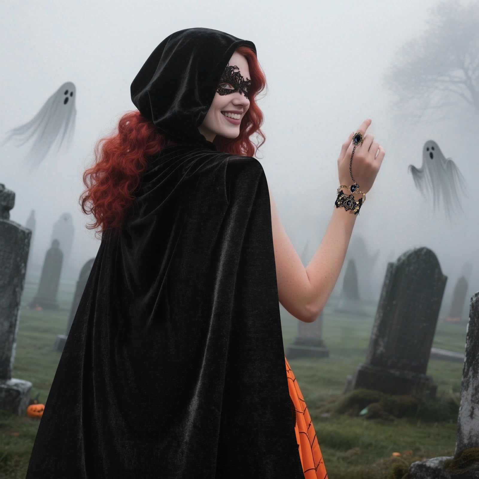 3-częściowy zestaw czarnych peleryn z kapturem, 140/150/170 cm, peleryna na Halloween, aksamitna peleryna z maską i gotyckim łańcuszkiem na palec, wampira, wampir, kostium wampira, na imprezę