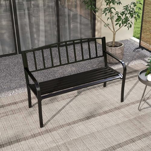 Image of Giantex Metal Outdoor Bench, Patio Garden Bench with Backrest, Curved Armrests, Slatted Seat for 2-3 Persons, 660 LBS, Heavy-Duty Outside Seating Loveseat for Yard, Porch, Park, Black