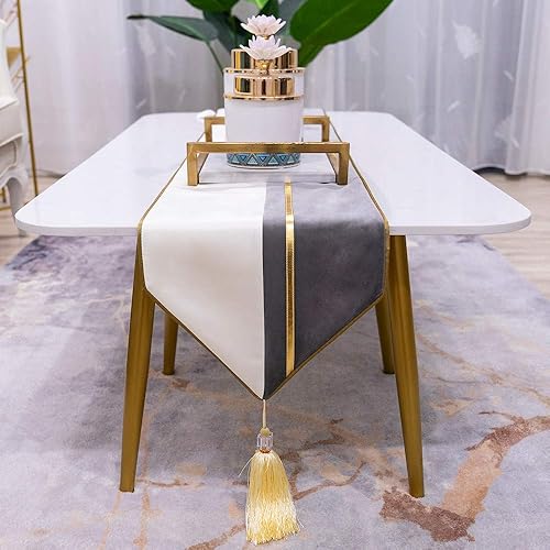 Miniatura 2 de Avigers Caminos de mesa decorativos de lujo de terciopelo a rayas de cuero gris blanco dorado de 12 x 78 pulgadas con borlas para el hogar, sala de