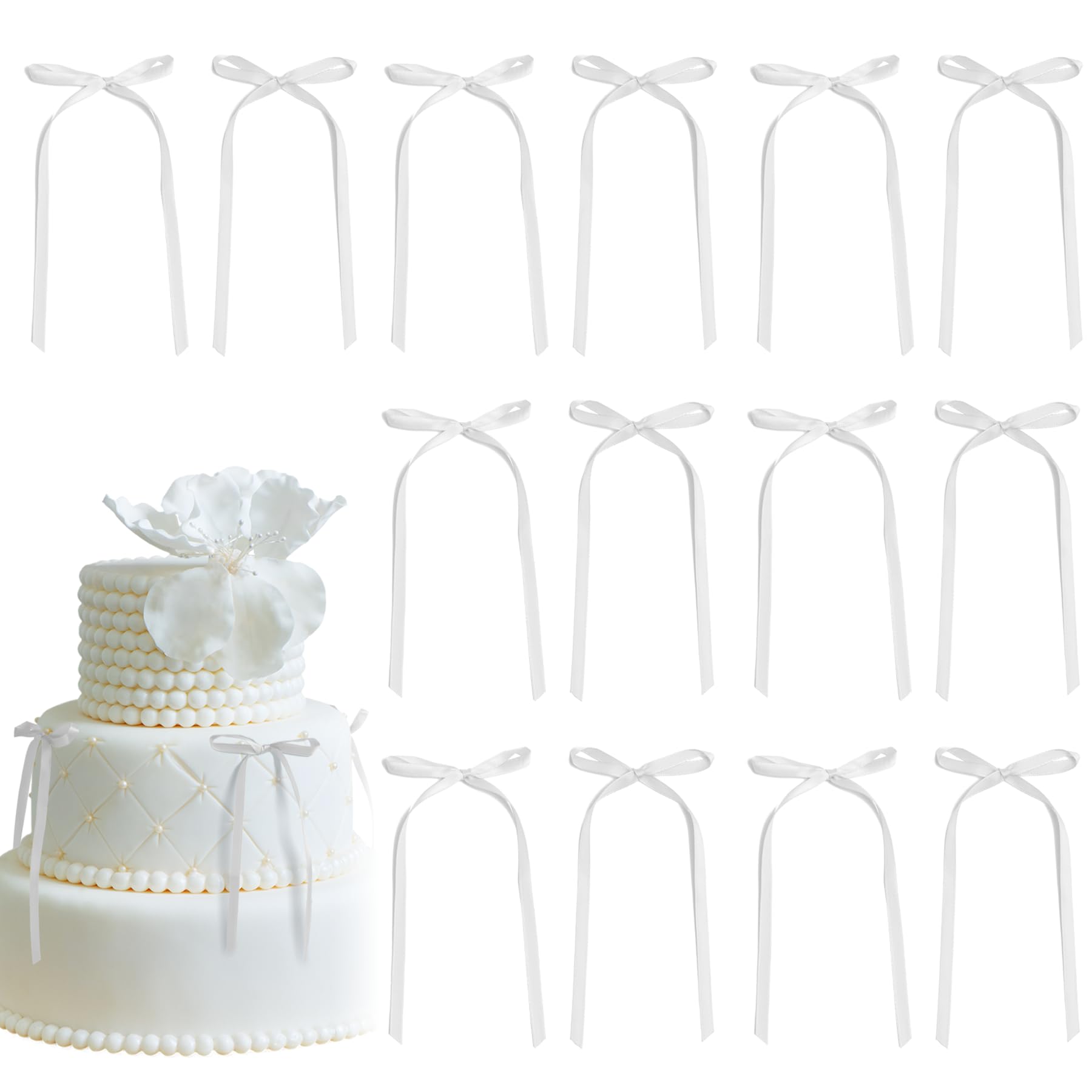 30 Pack Silver Ribbon Bow Cake Toppers Birthday Decorations Coquette Bow Cupcake Toppers for Cake Dessert Wedding Bridal Balloon Wall Party Supplies