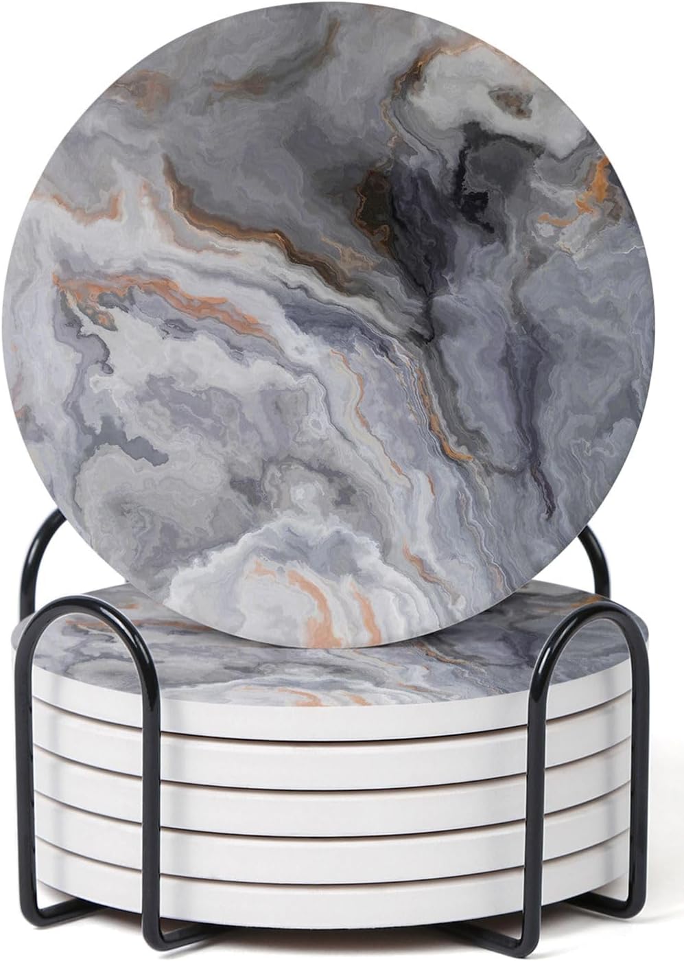 Hoomey Set of 6 Abstract Dark Blue Marble Coasters with Holder, Absorbent Ceramic Coasters for Drinks, Coasters with Cork Backing for Table Protection, Housewarming Gifts for New Home