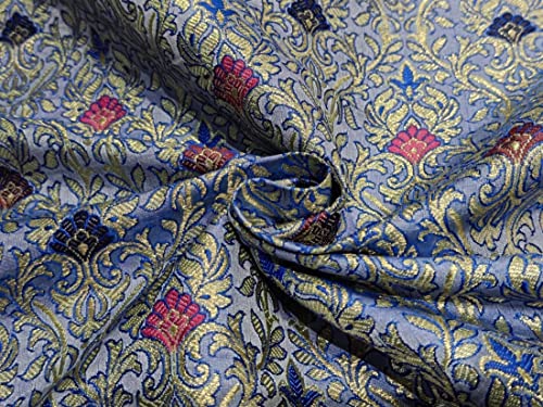 Tissu jacquard brocart bleu lilas à motif multicolore et feuilles en grande largeur BRO841