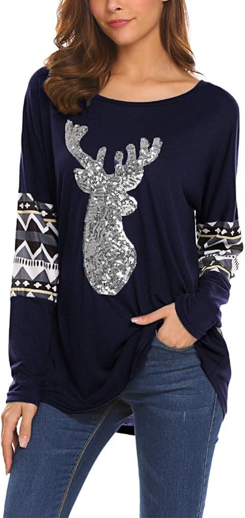 Qearal Womens Casual Long Sleeve Christmas Reindeer Sequin T Shirt Blouse Tops