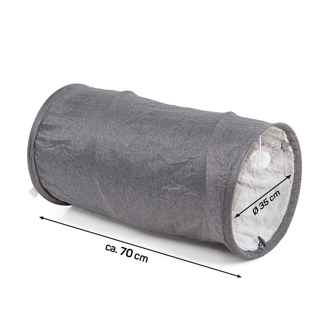 CanadianCat Company | Spieltunnel für Katzen mit Kuschelfell | grau | ca. 35 x 70 cm - Variable Form, integriertes Katzenspielzeug