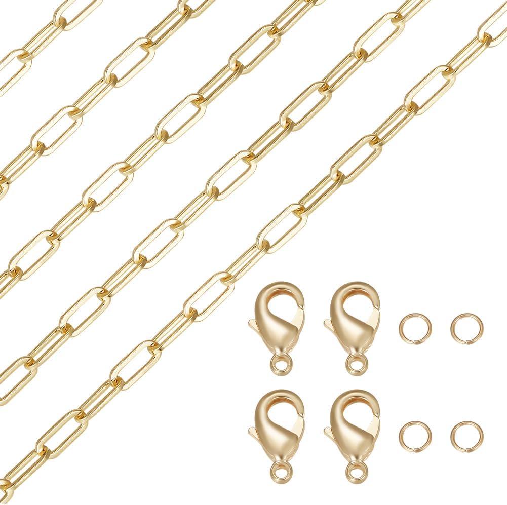 Beebeecraft 1 Box 2M Paperclip Chain 18K Gold Plated Oval Chunky Link Necklace with 10Pcs Lobster Claw Clasps 20Pcs Jump Rings for Jewelry Making