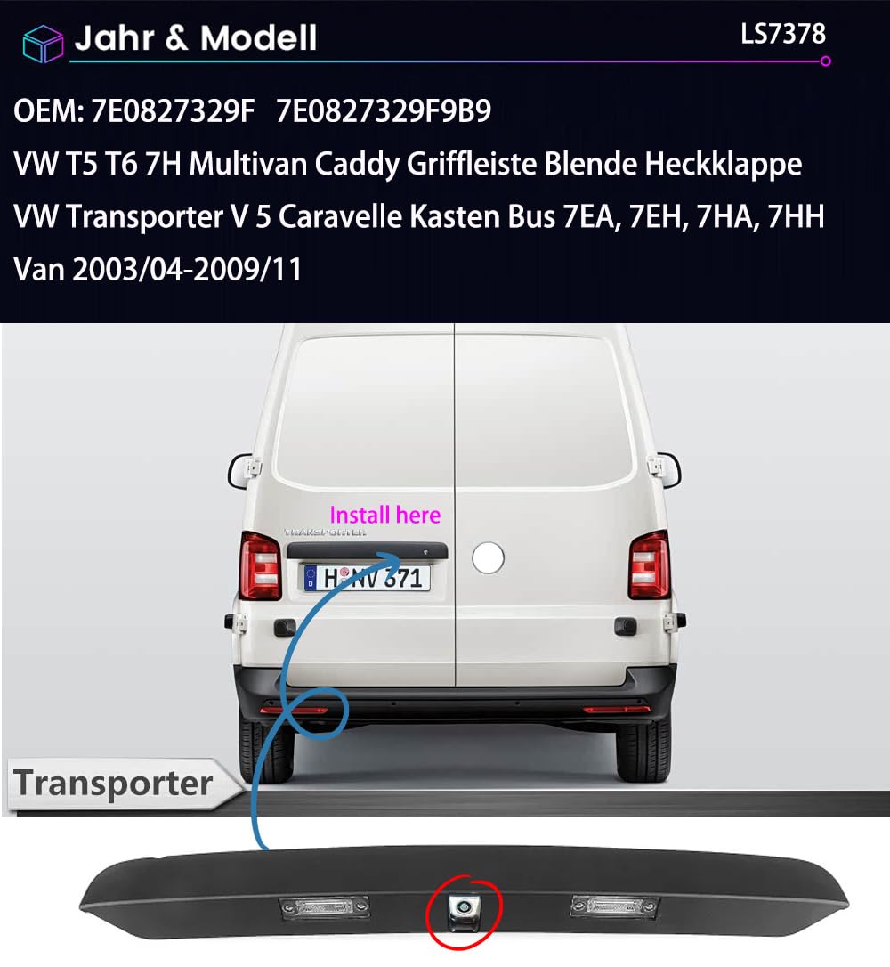 Kamera cofania do samochodu, kompatybilna z VW T5 7H Multivan Caddy, listwa uchwytowa, osłona tylnej klapy VW Transporter V 5, Caravelle, furgon Bus 7EA, 7EH, 7HA, 7HA, 7HH Van 2003/04-2009/11OEM