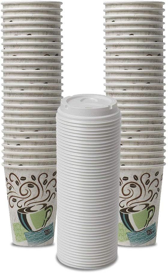 Paper Plates/Bowls 2 set Dixie PerfecTouch WiseSize Coffee Design Insulated Paper Cup, 12oz Cups and Lids Bundle (12 oz, 50 Cups, 50 Lids)