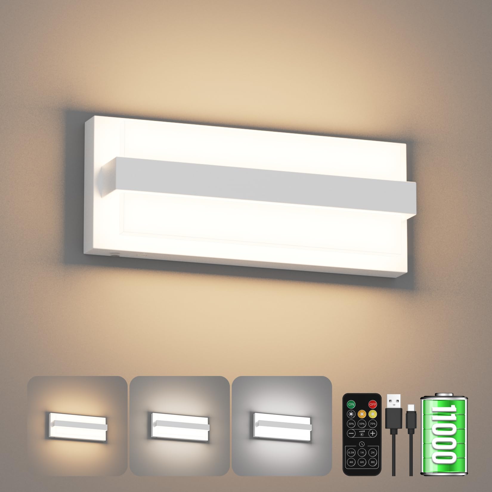 Klighten Led Dimmable Aplique De Pared Interior avec Batterie, 11000mAh, 3000K -6000K Lámpara De Pared Tactile sans fil avec Télécommande, Luz de Pared avec fonction de temporisation,USB-C,8W, Blanc