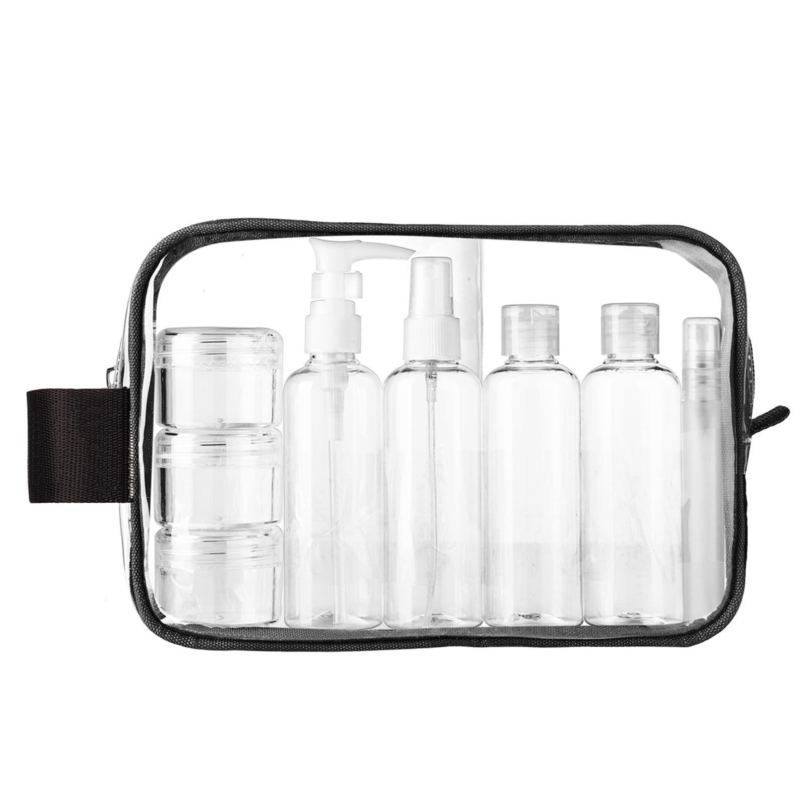 MOCOCITO Reiseflaschen Set 100ml mit Transparentem Kulturbeutel, 8 Stück | Flüssigkeiten Set für Flugreise & Handgepäck mit Sprayflasche, Pumpflasche, Quetschflaschen, Cremetiegel & 20x20cm Beutel