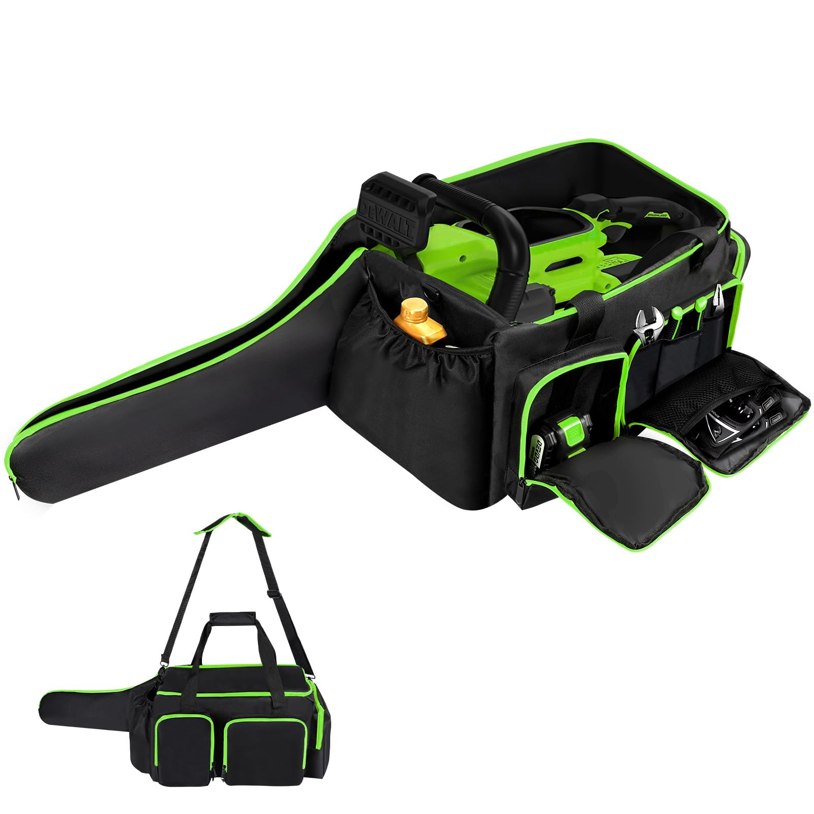 Chainsaw Carrying Case for 10 & 12 Inch Brushless Cordless Chainsaws, Universal Storage Bag for Most Major Brands, Black with Neon Green