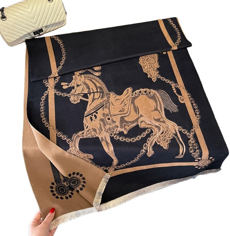 Womens fall and winter scarf imitation cashmere thickened fringed shawl fashion elegant chain horse printed scarf