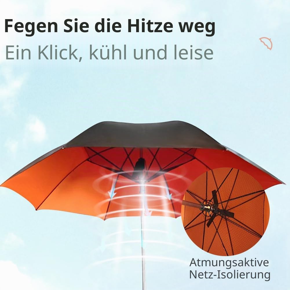 Elprico Regenschirm mit Ventilator, 3-in-1 UVblockierender Regenschirmventilator, Sonnenschirm mit Ventilator und Sprühgerät, Tragbarer Fächerschirm mit Zerstäube für Sommer, Strand, Sport