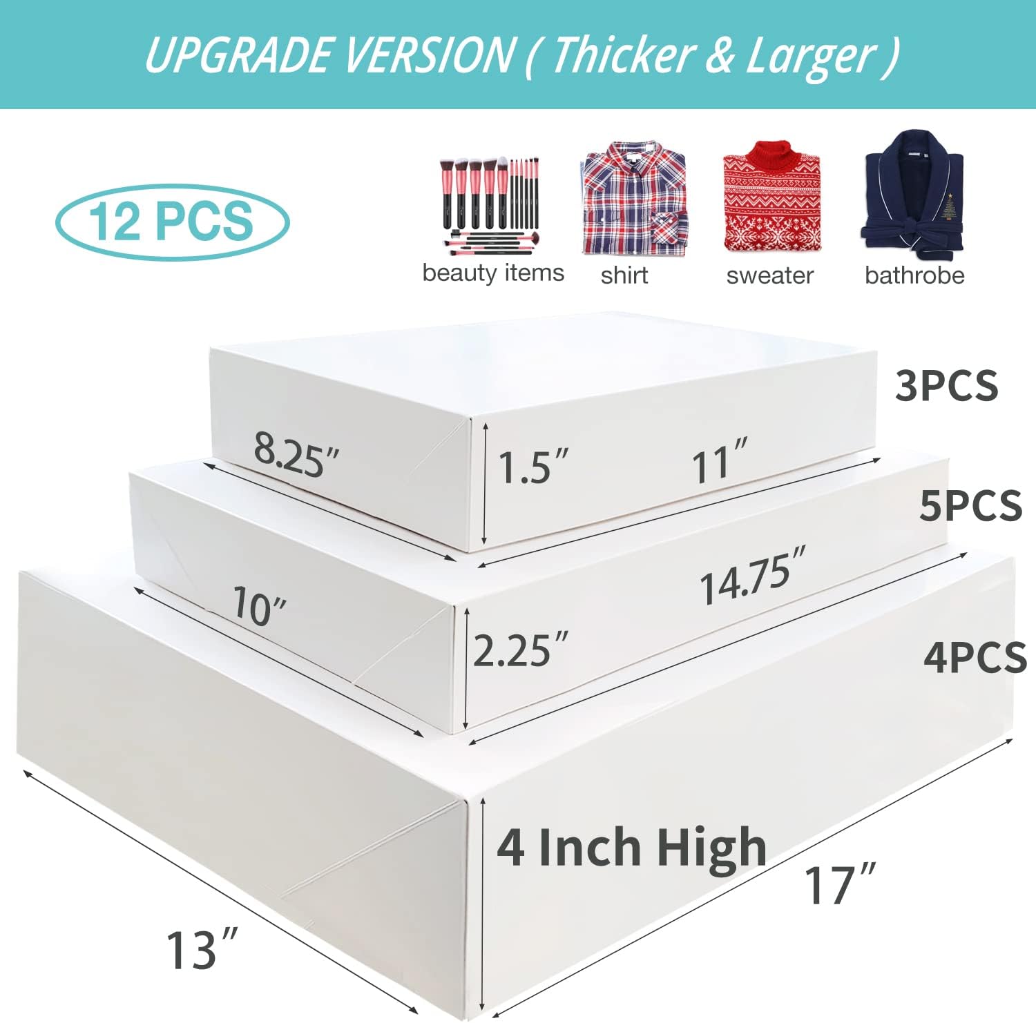 12 White Gift Wrap Boxes with Lids for wrapping Large Clothes (Assorted Sizes for Robes, Blankets & Shirts)and 80 Different Occasion Tag Stickers -Perfect for Mother’s,Father’s Day,Birthdays, Baby Showers, Weddings