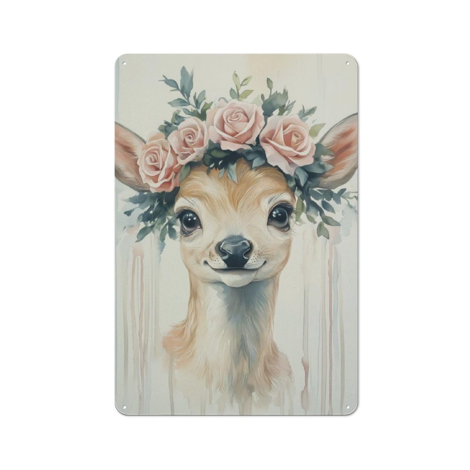 Junmoney Fawn With Rose Crown Cottage Metal Wall Decor 30X20cm, Shed Metal Sign For Patio Bar, Workshop, Shed Or Kitchen