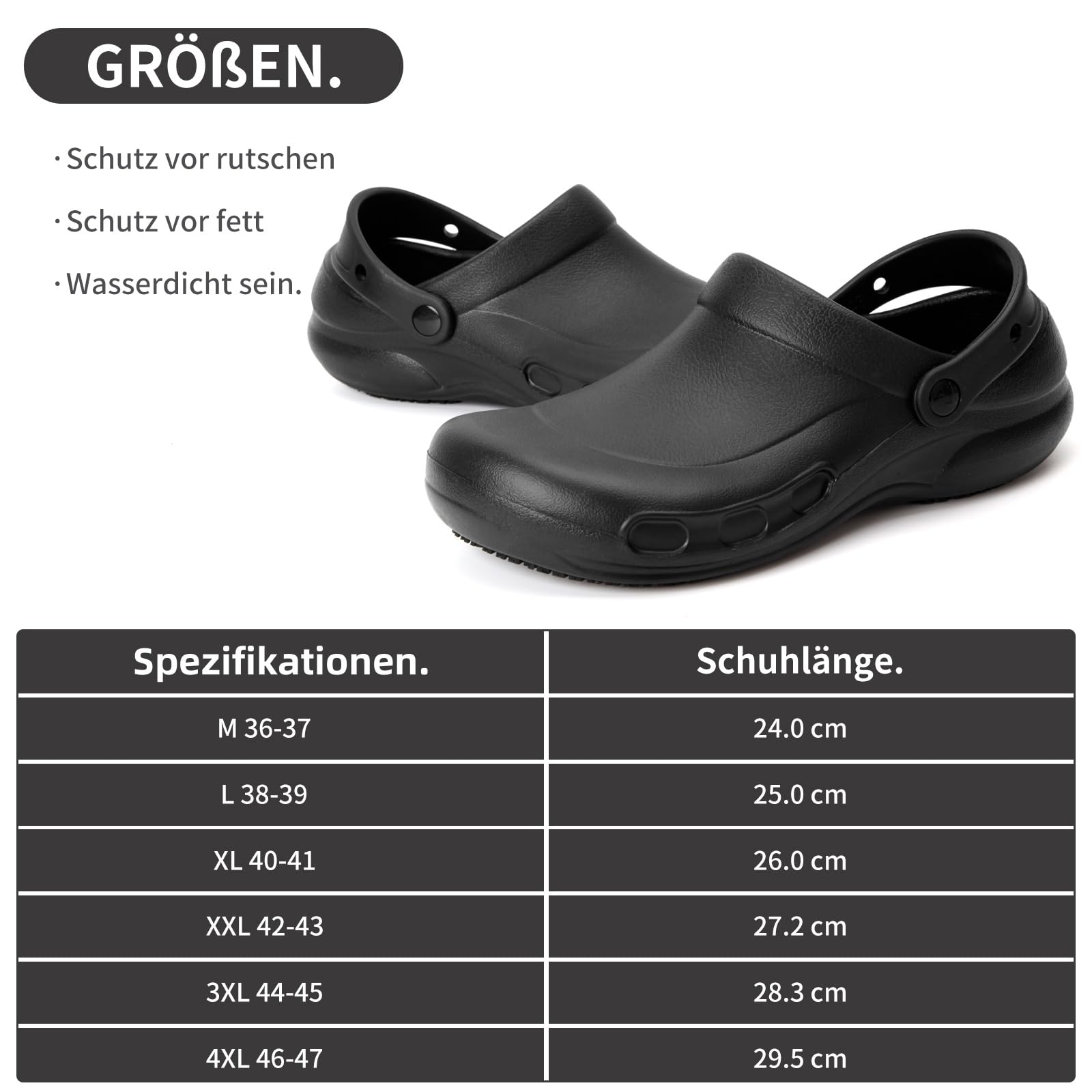 CLYCTIP Kochschuhe Herren Damen Küchenschuhe Clogs für Küche Garten Restaurant Wasserfest Schwarz