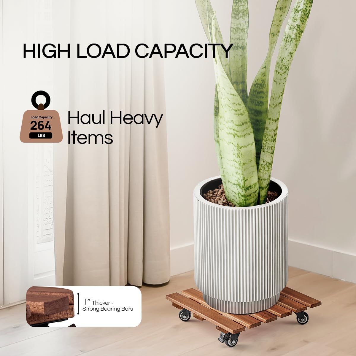 THYOI 2 Pack 14” Acacia Wood Plant Caddy with Lockable 360° Caster Wheels, 300 LB Heavy Duty Rolling Stand for Indoor Outdoor Planter Pots, Wooden Dolly for Patio (Dark Brown, Square)