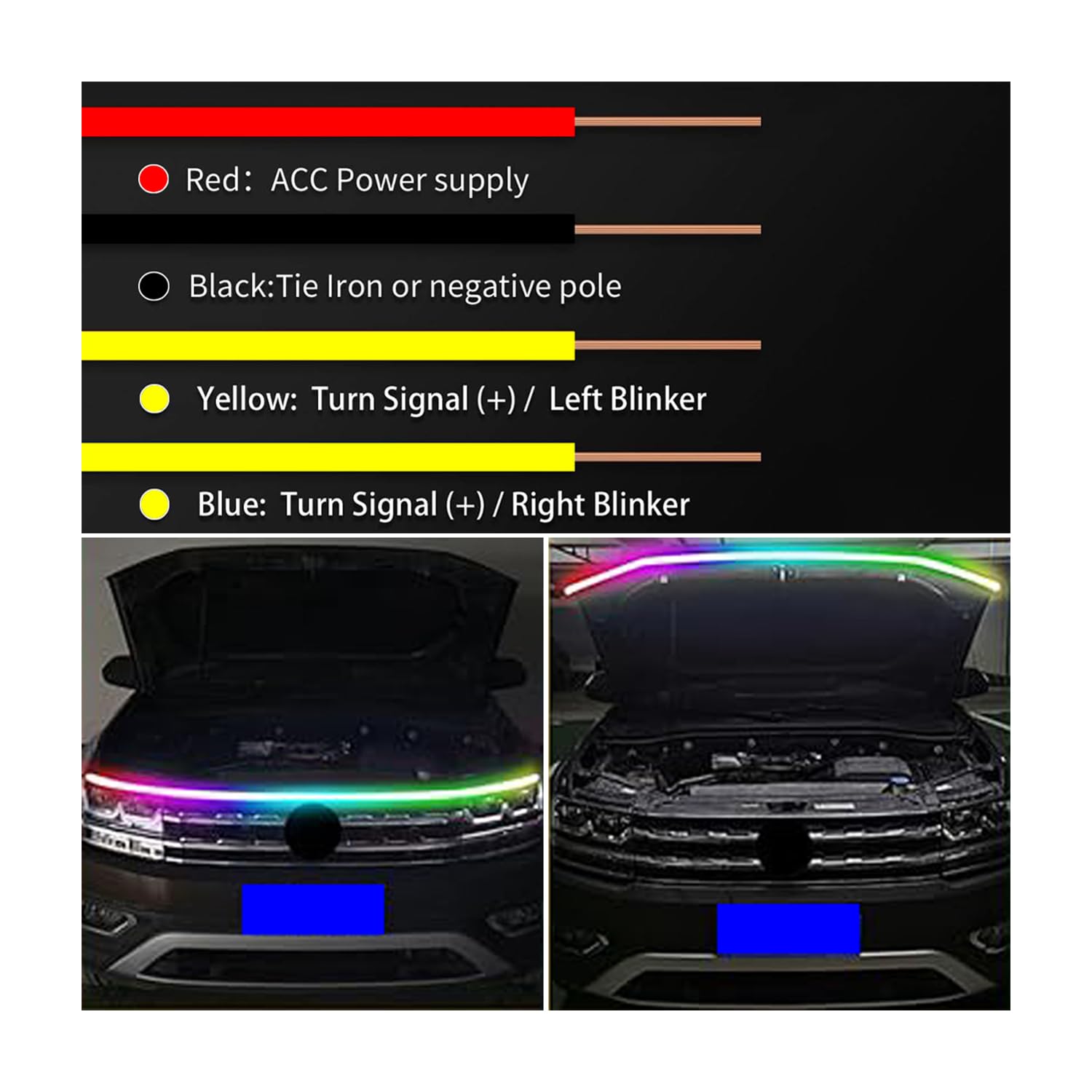 Tira de Luces LED para capó de Coche, luz Diurna Exterior Flexible e Impermeable, luz LED RGB Multicolor para capó, luz Diurna con escaneo dinámico, Apta para vehículos de 12V.