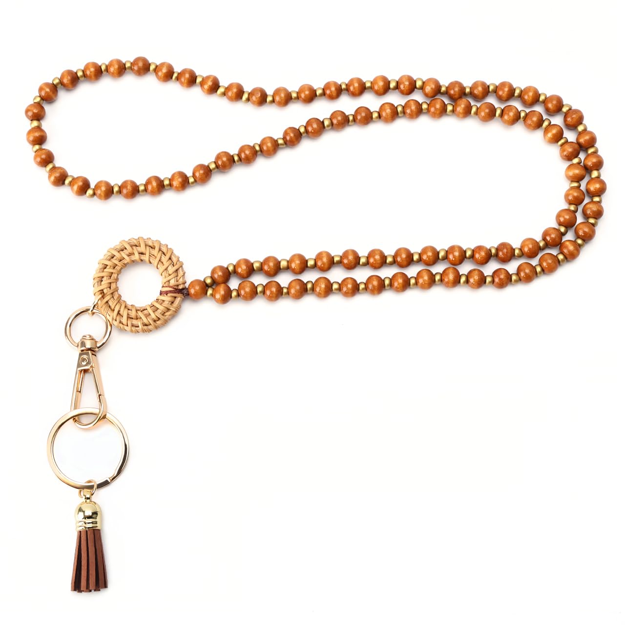 Qzakce Lanyard Neck Strap Wood Beads Necklace Lanyards with Metal Key Ring and Swivel Hook for ID Card Badge Holders Keys Whistles, Brown
