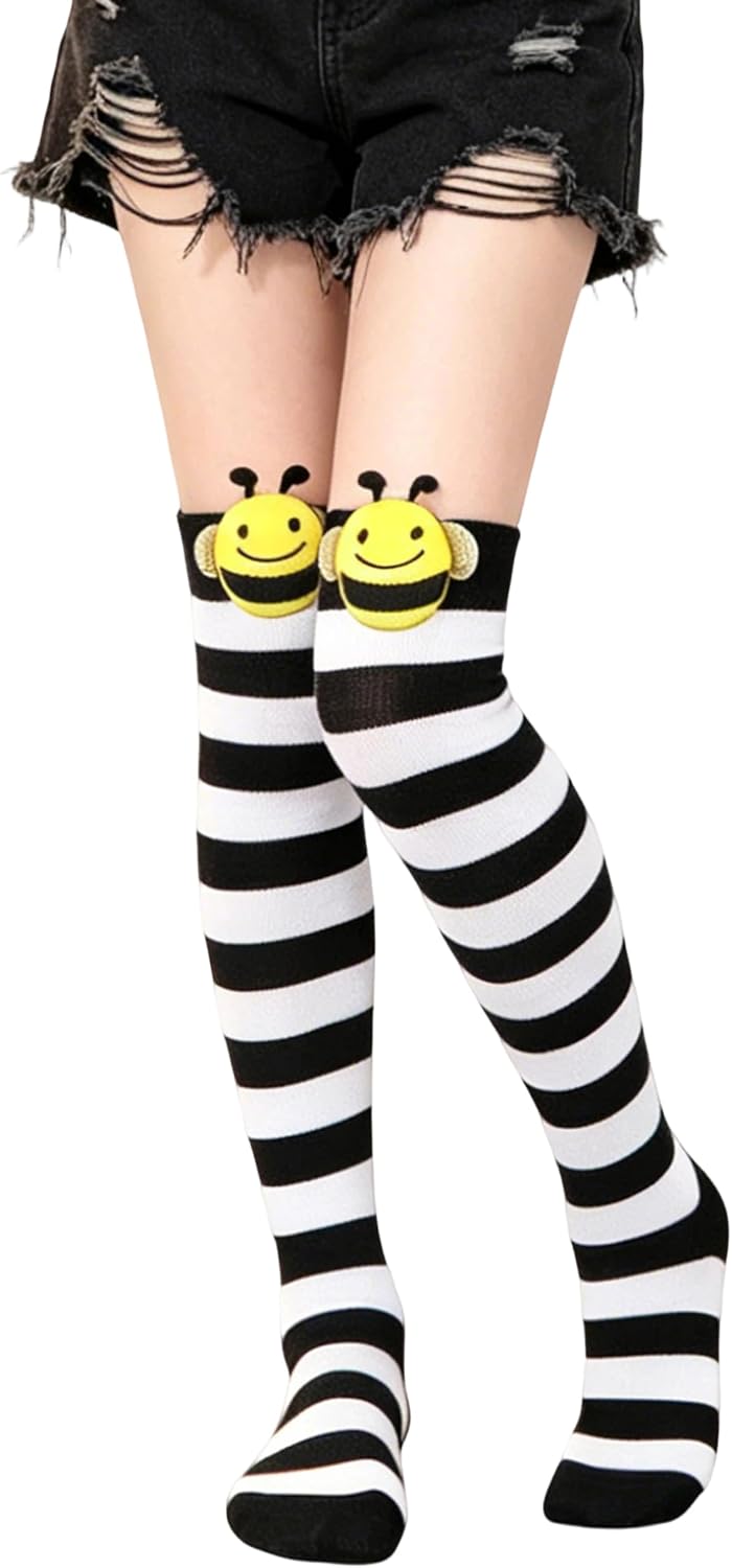 Kids Knee High Socks - Girls Black White Striped Over Knee Thigh High Socks