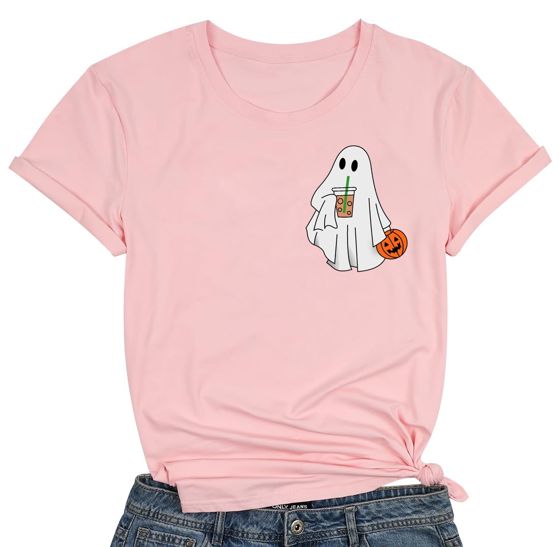 TOWNOWNGhost Drinking Coffee Halloween Shirt Women Fall Pumpkin Tshirt Coffee Lover Tee Casual Halloween Party Tee Tops