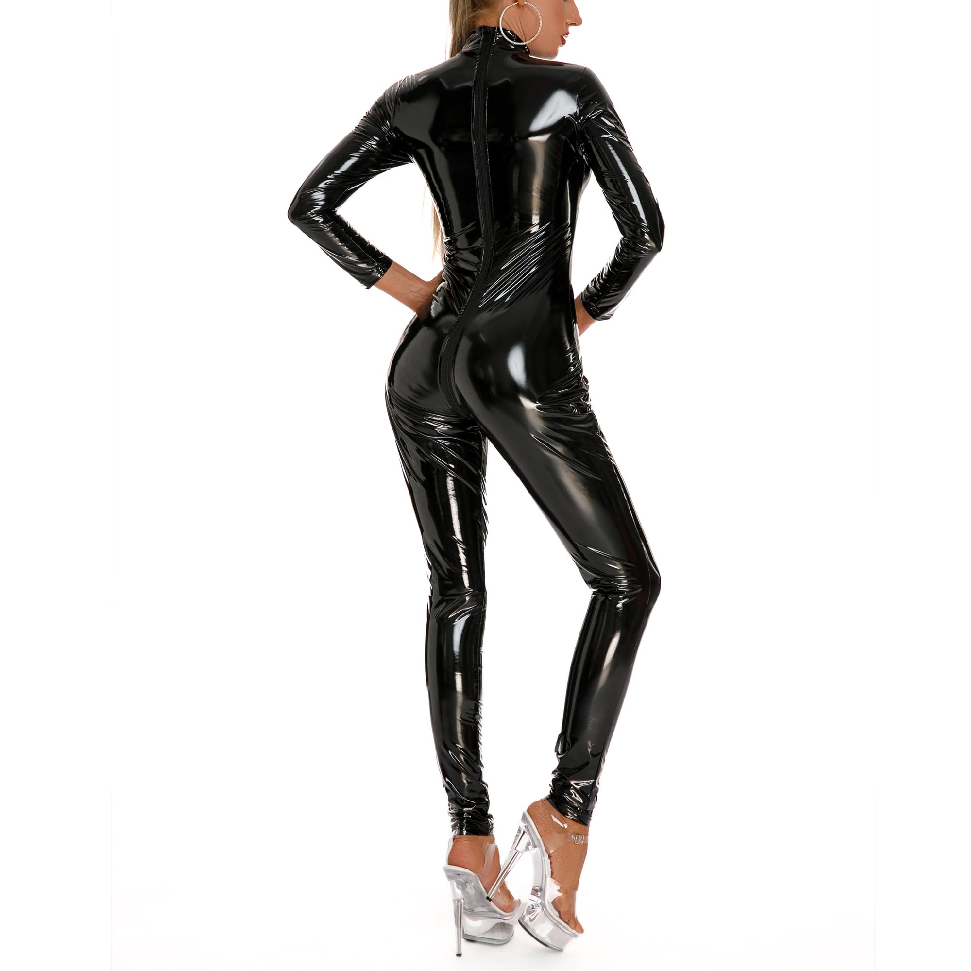 Lingerie en latex pour femme - Col haut - Fermeture éclair - Effet mouillé - Costume de chat - Vêtements serrés - Body à manches longues - Combinaison ouverte - Ensemble Catwoman Clubwear -
