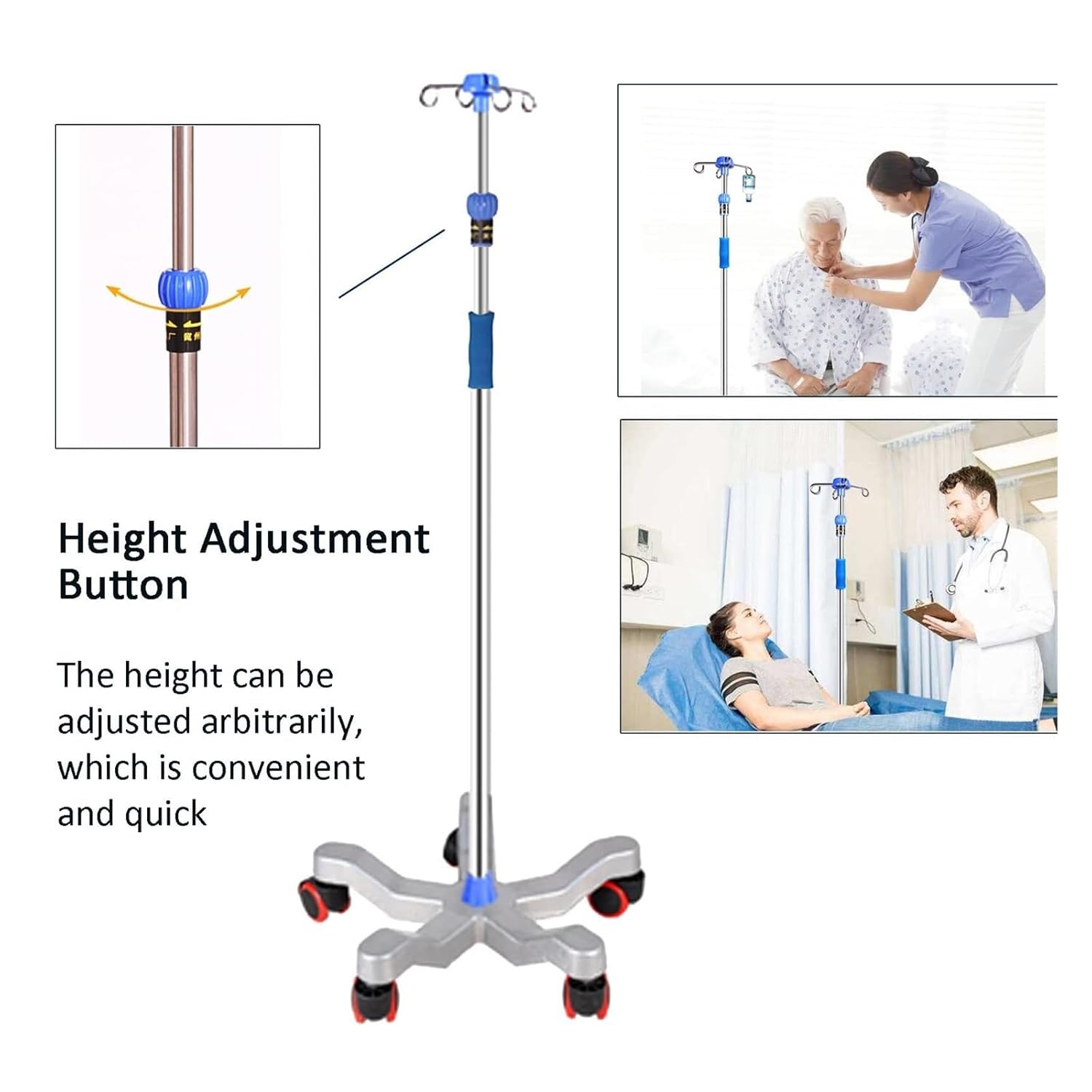IV Pole Stand with Wheels, Adjustable Height IV Pole for Home Use, Hospital & Clinic, Rolling IV Stand with 4 Hooks and Sturdy Steel Base, 43 to 79 Inches
