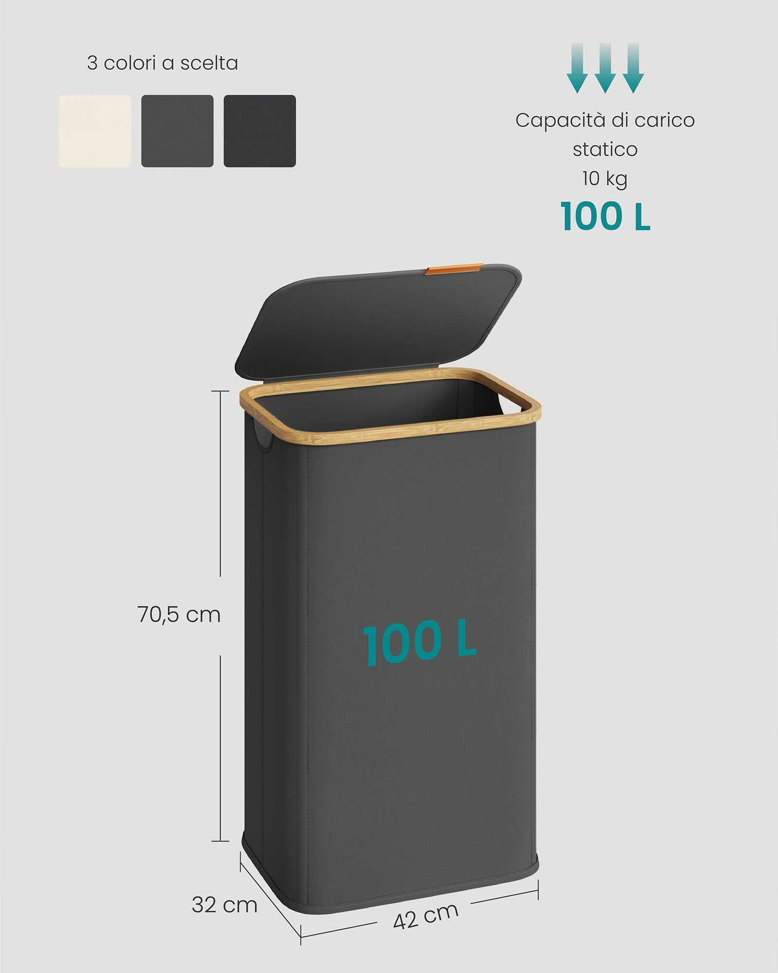 SONGMICS Cesto de Ropa con Tapa, Recogedor de Colada, Tejido de Oxford, Plegable, Marco de Bambú, Lavadero, Dormitorio y Salón, 100 L, 42 x 32 x 70,5 cm, Gris Pizarra LCB518GN01 — view 6