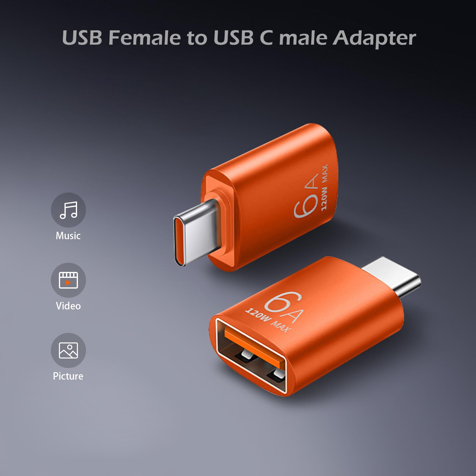 BETU 120 W/10 Gbps/USB 3.1: adaptador USB C macho a USB hembra, paquete de 5 adaptadores USB C a USB, compatible con smartphone/PC/portátil/tableta/teclado y más dispositivos (naranja)