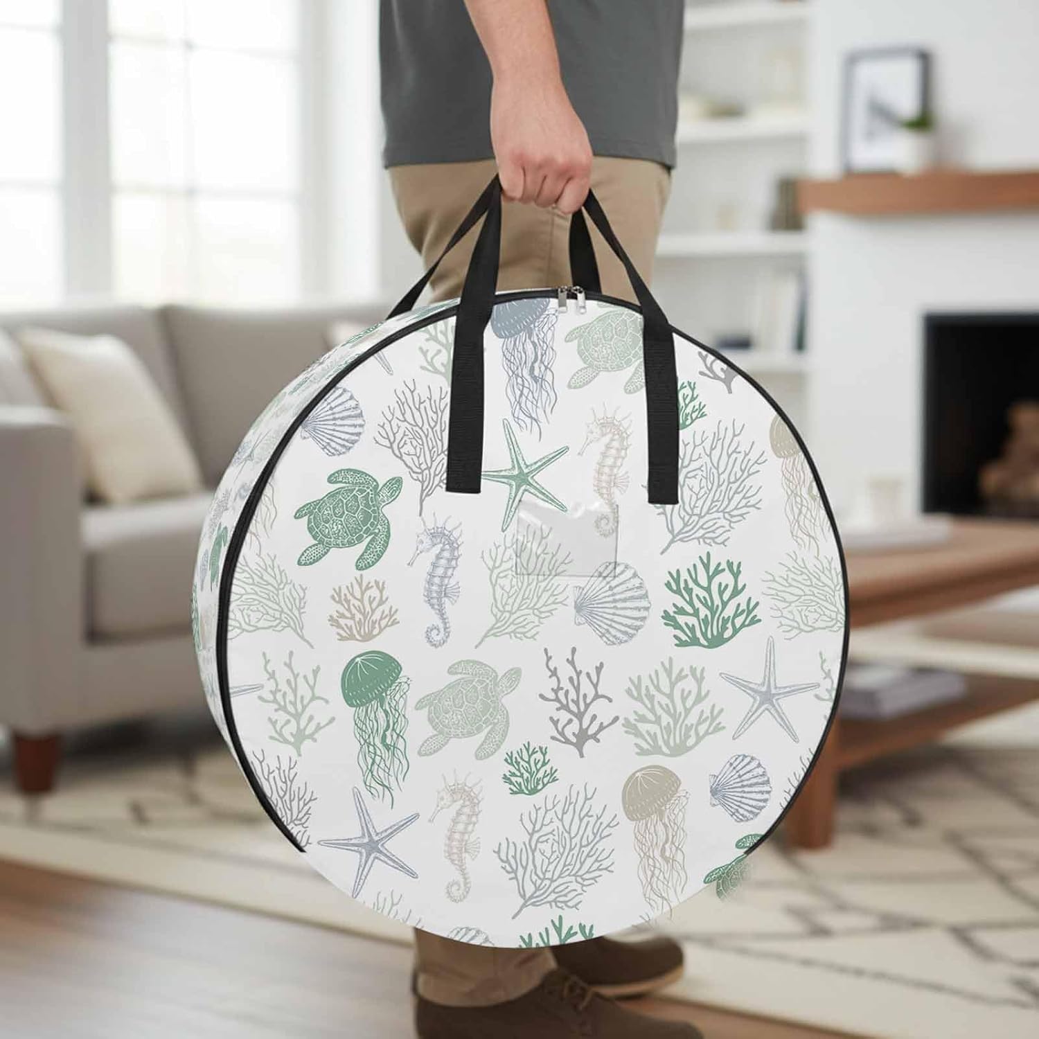 Summer Sea Turtle Seashells Round Storage Bag 36 Inch, Coral Ocean Creature Green Gradient Clothes Storage Container with Handles Heavy Duty Organizer for Comforter, Bedding & Holiday Wreaths