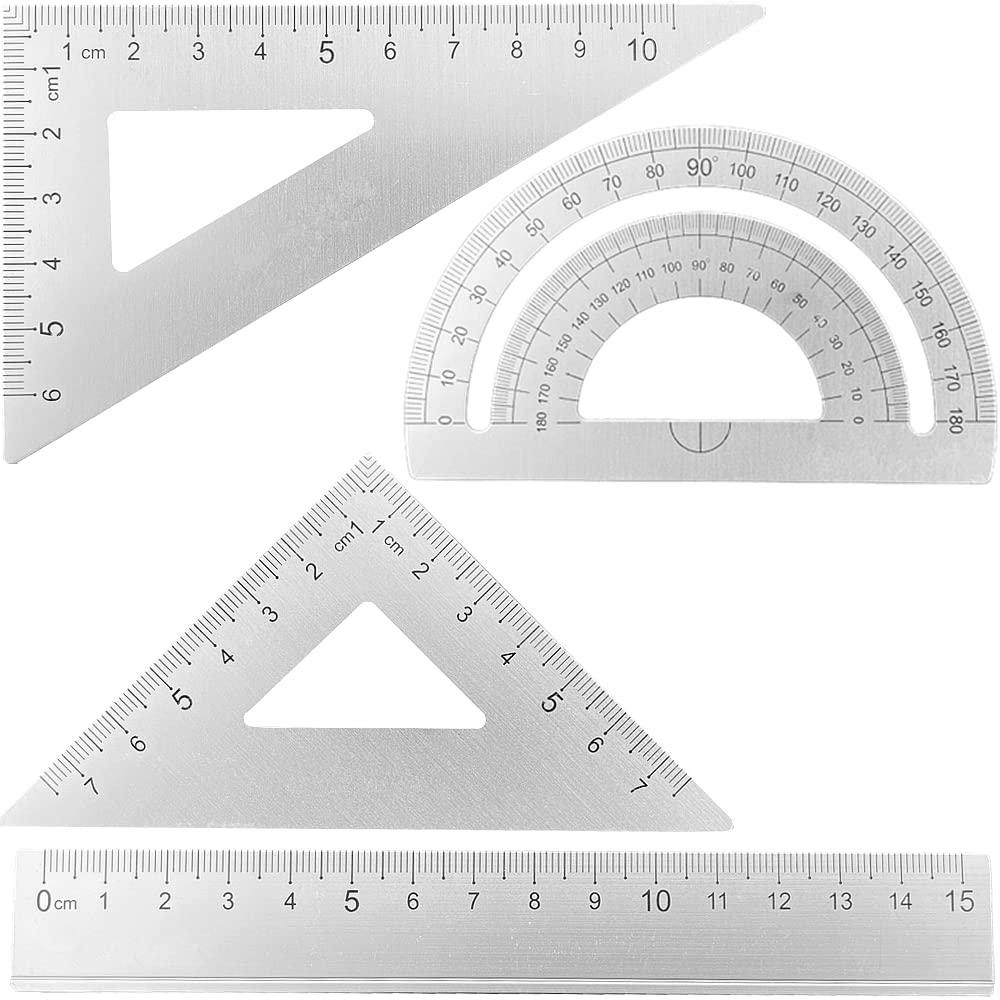 4 Pcs Aluminium Geometry Kit Includes Protractor, 2 Triangle Rulers, and 15cm Ruler, Geometry Set for Kids, Home and School tooles, Student Math Supplies