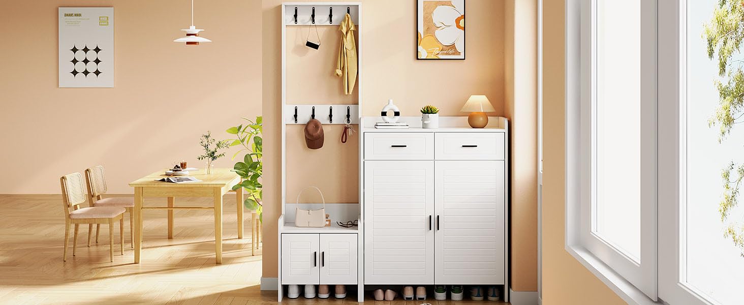 Generisch Garderoben-Schuhschrank-Set Eingang Weiß 125x36x165cm 8 Haken