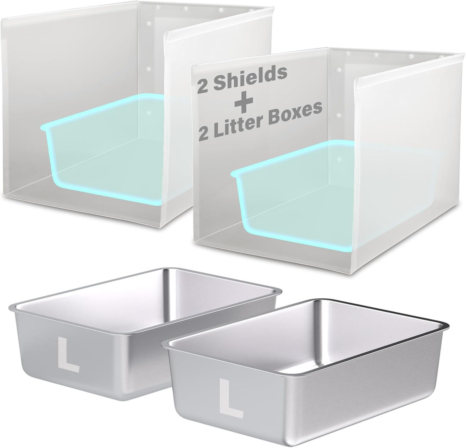 2 Pack Large Stainless Steel Litter Box and 2 Pack XL Litter Box Pee Shield for Adult Cats Kitty