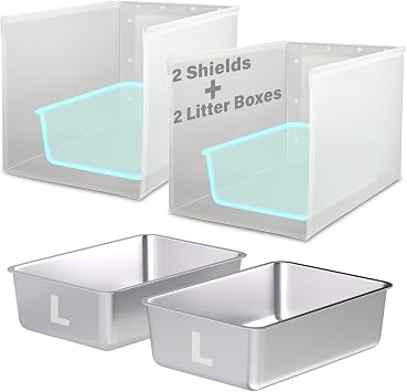 2 Pack Large Stainless Steel Litter Box and 2 Pack XL Litter Box Pee Shield for Adult Cats Kitty
