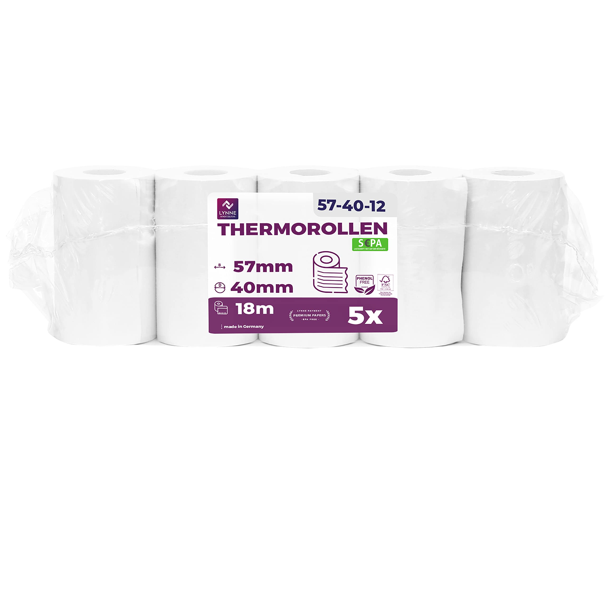 Ec-Cash rolki termiczne 57 mm x 18 m x 12 mm – rolki kasowe – papier termiczny – rolki bonkomatu – czytniki kart kredytowych (57 x 40 x 12) z tekstem obciążenia SEPA (5 rolek)