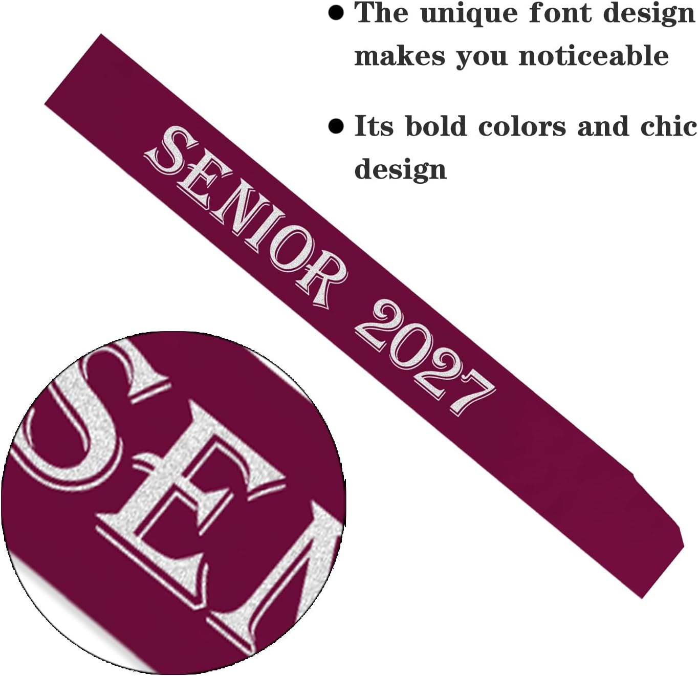 7 Pcs Senior 2027 Sashes, Burgundy Satin with Silver Printing Letters