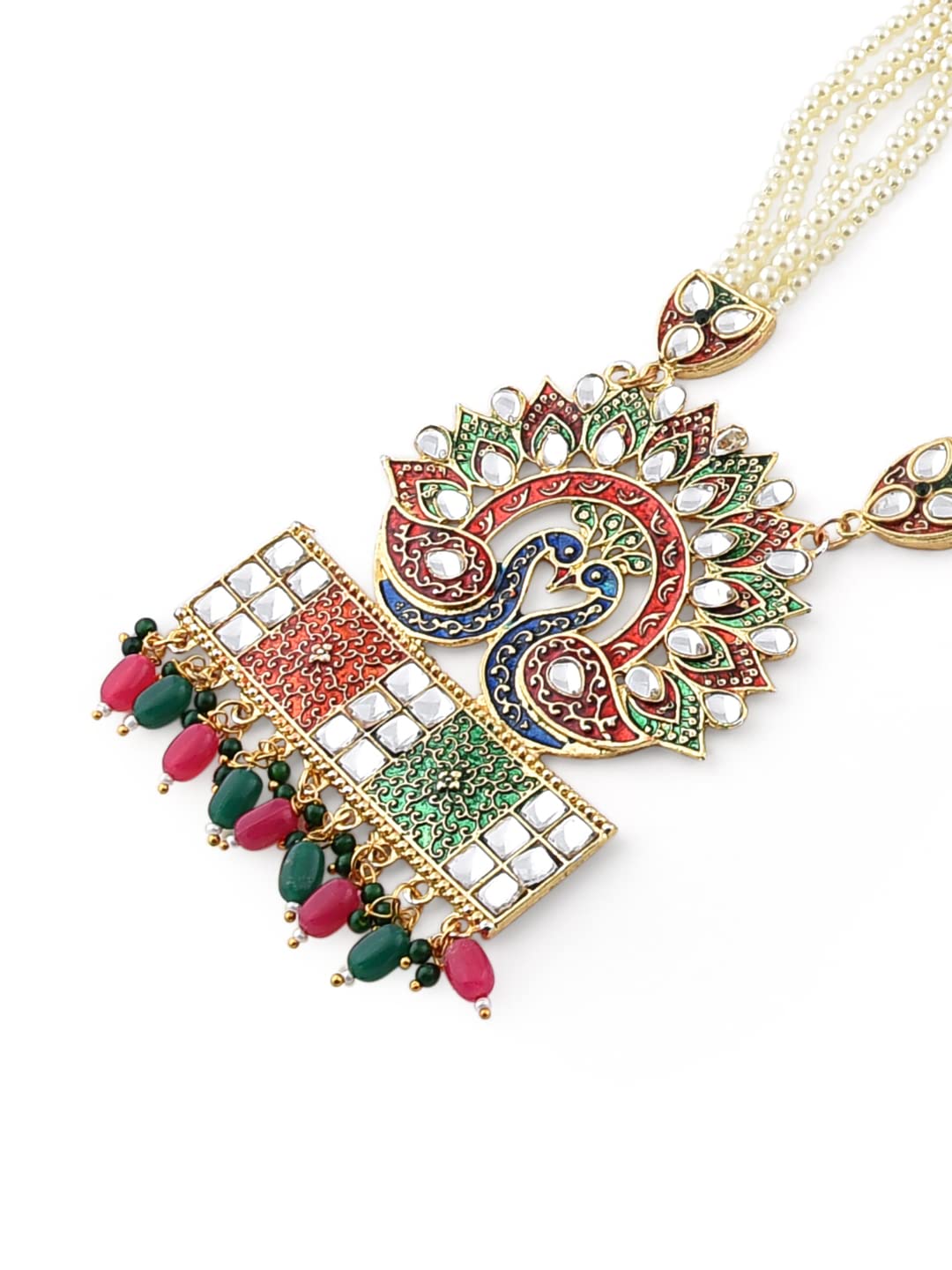 Women's Peacock Inspired Meenakari Long Necklace & Earring Set