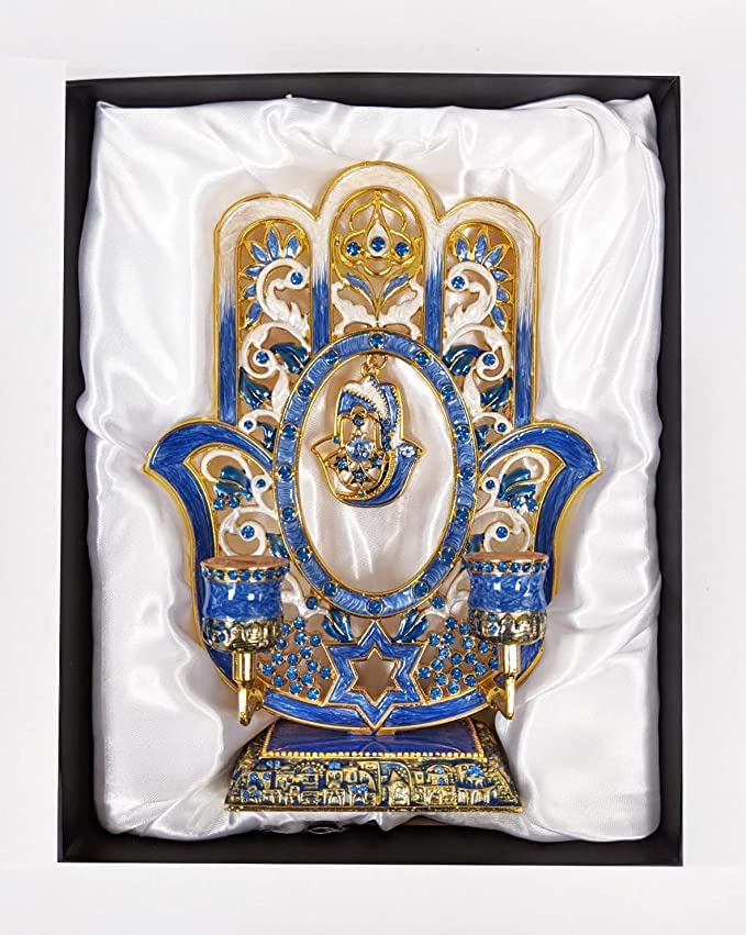Gorgeous Blue Hamsa/Hamesh Hand Shabbat Candle Holder Embellished with Genuine Crystals Comes in a Beautiful Gift Box