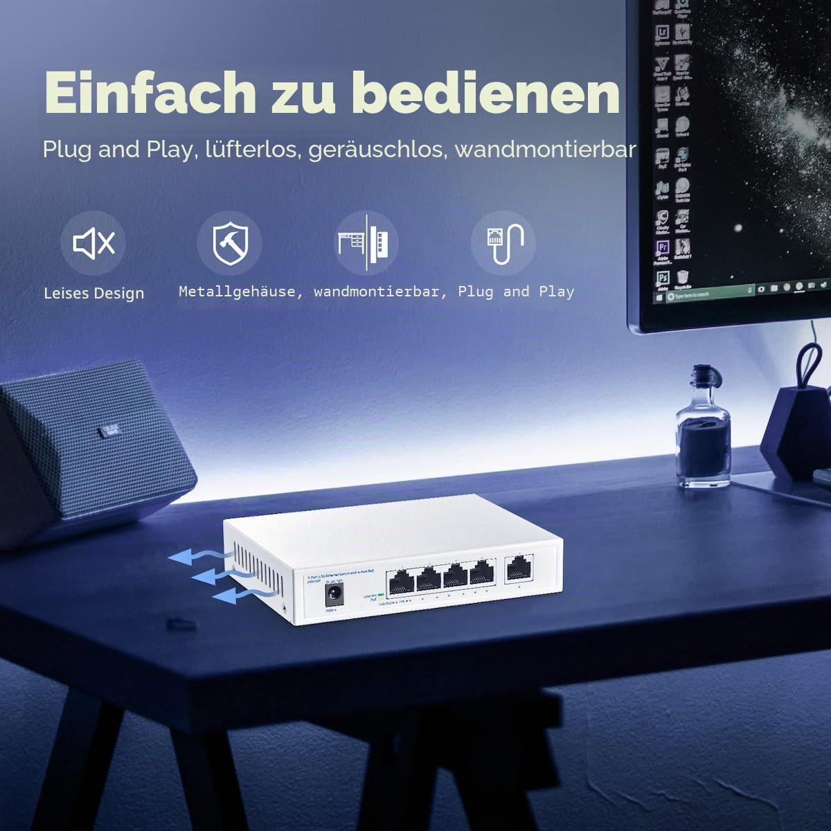 5-Port-2,5-Gigabit-PoE-Switch, 4 x 2,5G-PoE+-Ports + 1 x 2,5G-Uplink, YuLinca 2500 Mbit/s Unmanaged Desktop Switch, IEEE 802.3bz/at/af-konform, Auto MDI/MDIX, Plug & Play