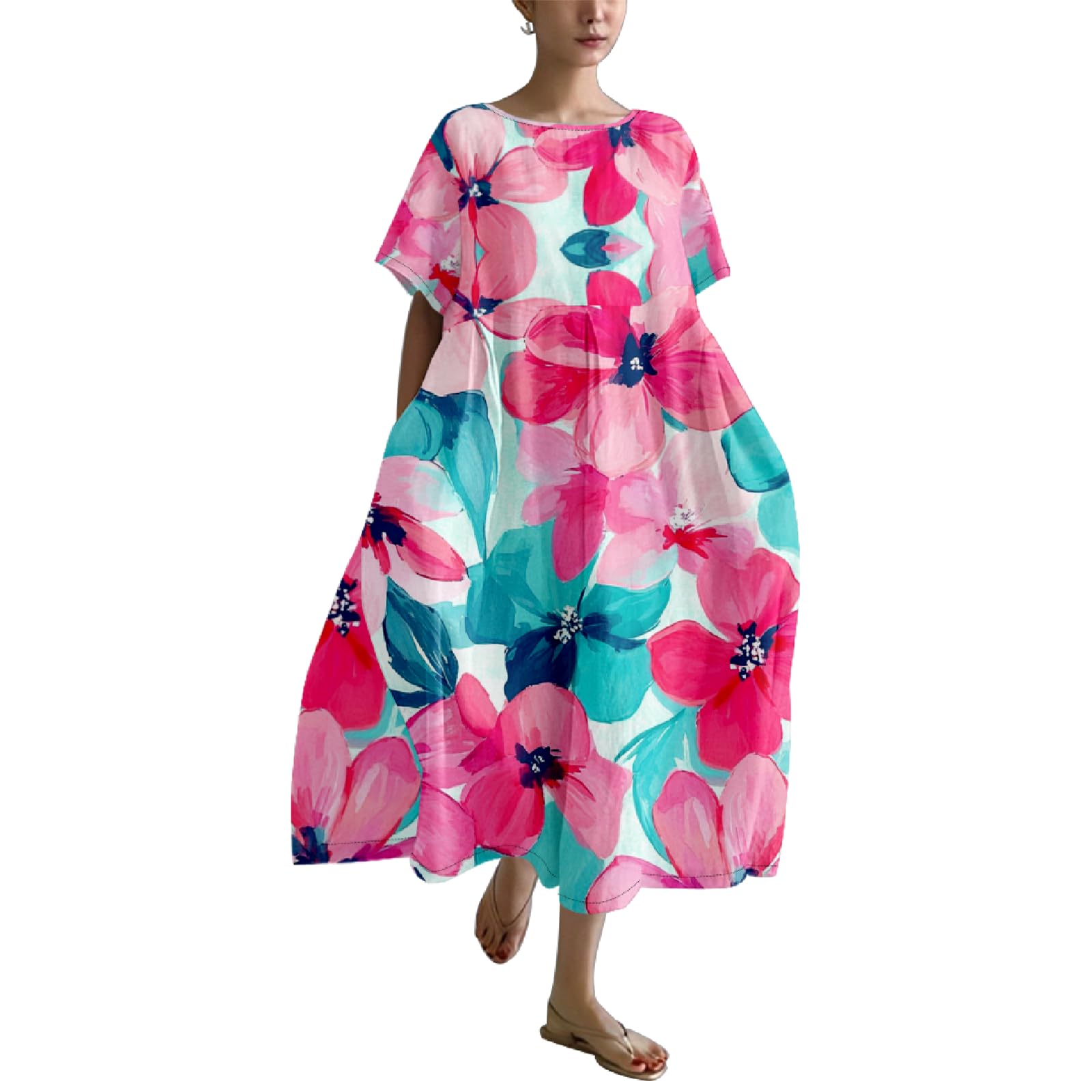 Floral Boho Dress for Women Ruffle Midi Dress Short Sleeve Crew Neck Maternity Dresses Loose Summer Dresses with