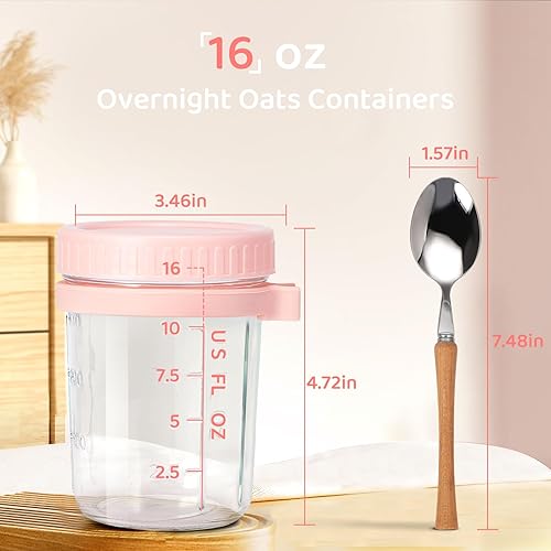 Miniatura 2 de Recipientes de vidrio para avena durante la noche con tapas y cuchara, tarros Mason de boca ancha de 16 onzas para avena nocturna, cereales, yogur,