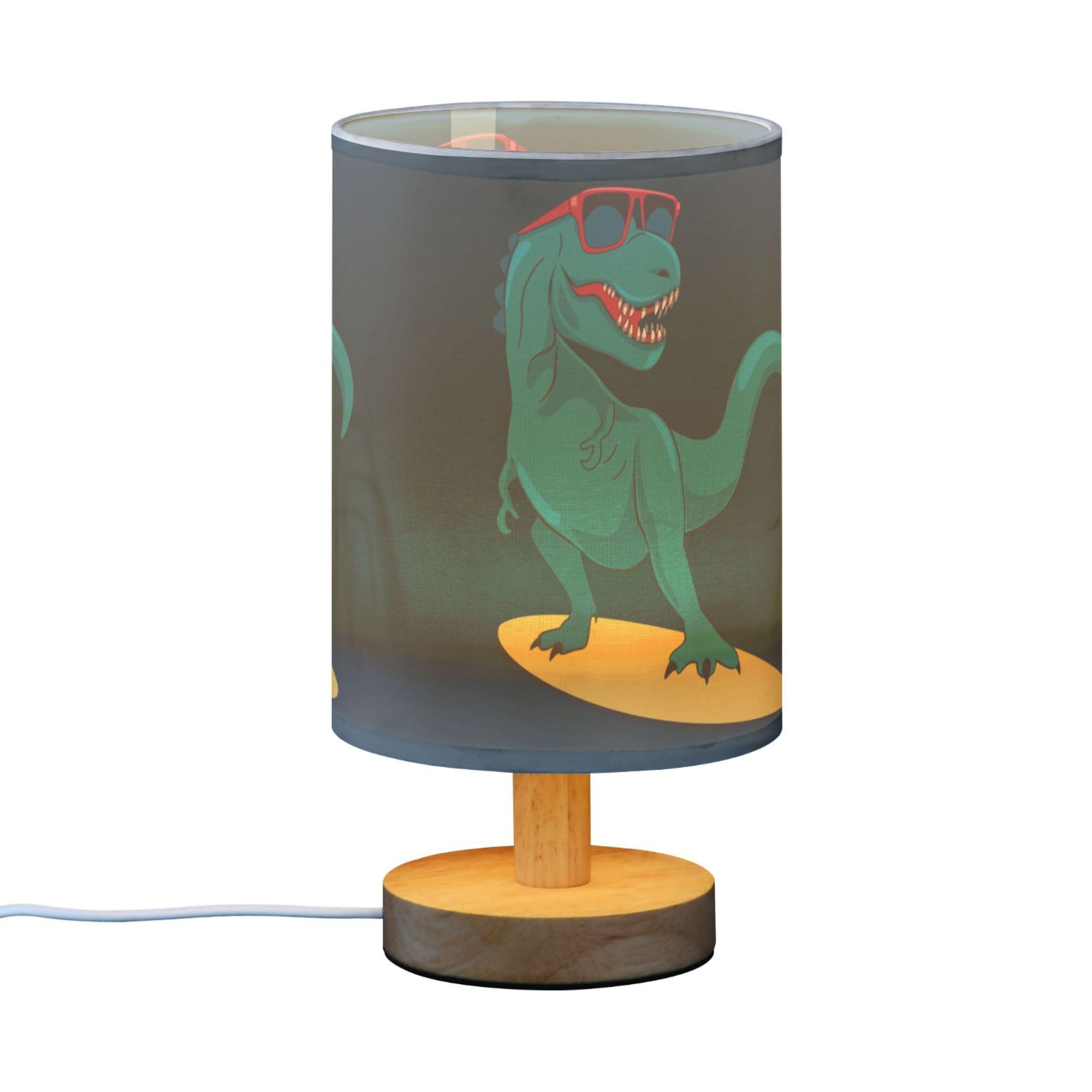 YYZZH Table Lamp Cartoon Dinosaur Surfer Nightstand Lamp with Wood Base Fabric Lamp Shade Bedside Desk Lamp for Living Room Bedroom Kids Room Office