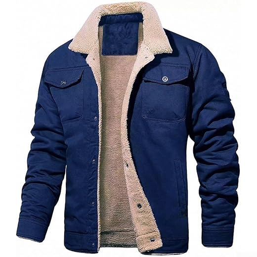 Jaqueta cargo masculina com forro de lã quente, casaco grosso de lapela de pelúcia casual de inverno para férias diárias de férias preto a verde militar (M azul escuro)